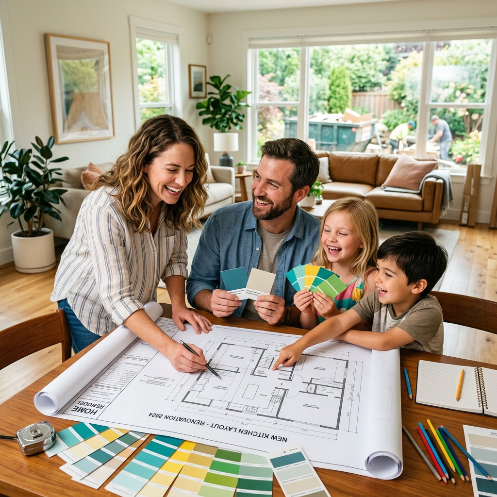 Familia feliz revisando planos de remodelación para su hogar